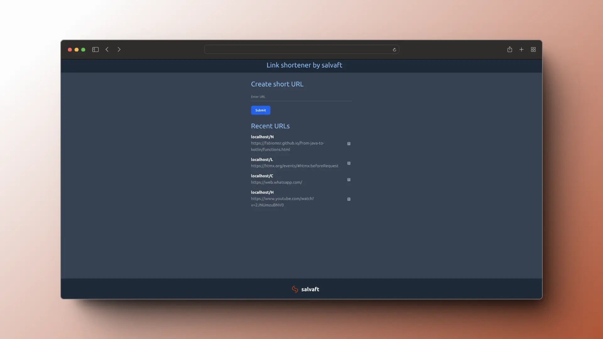 Captura de pantalla del sitio web para acortar enlaces.